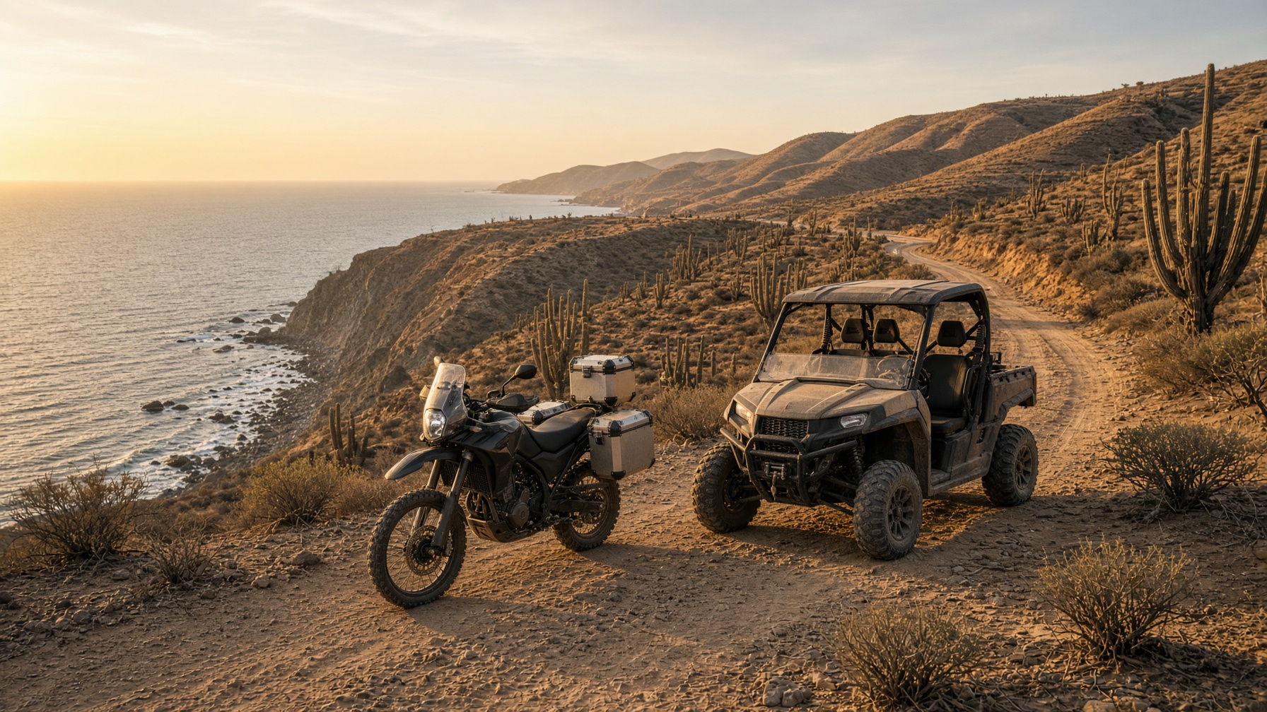 Adventure motorcycle and side-by-side on a Baja coastal track