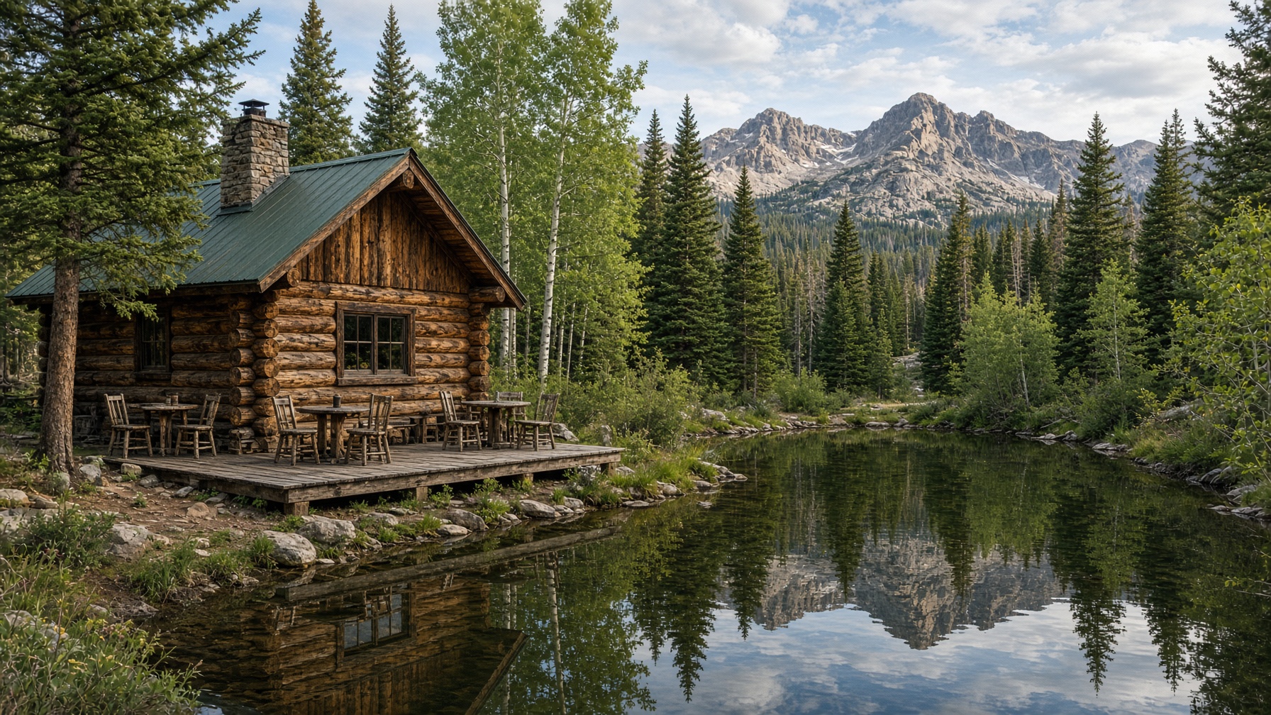 Historic log cabin cafe beside a pond in Tincup