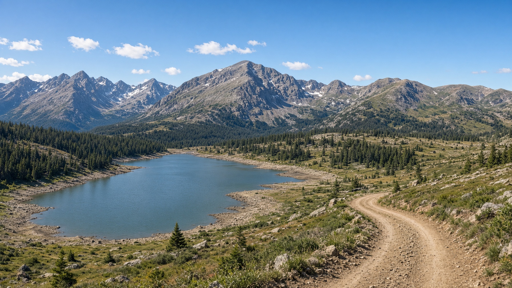 Taylor Park reservoir and alpine dirt trail